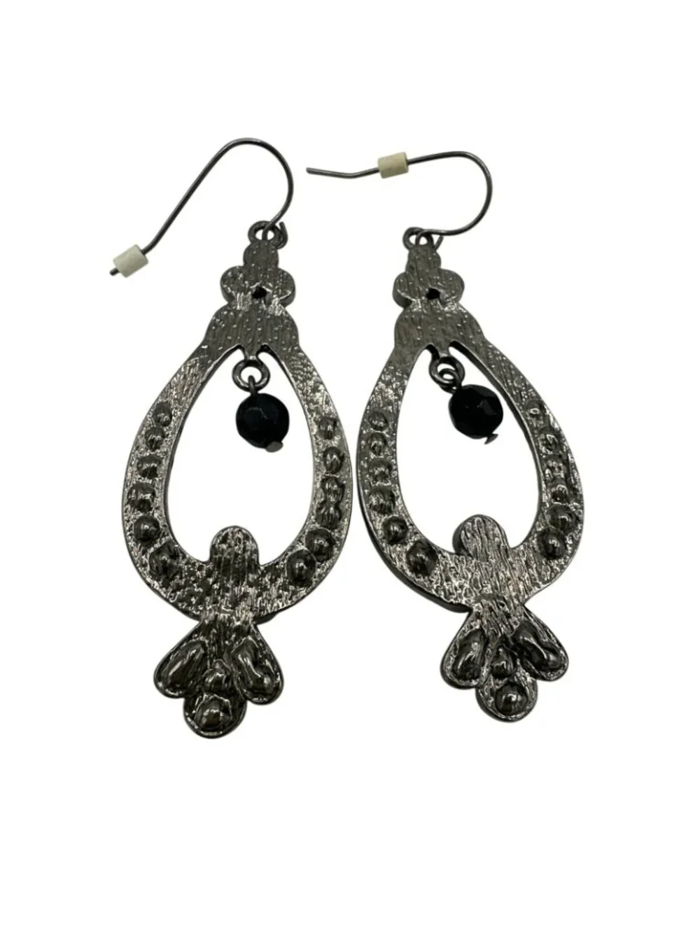 Teardrop Earrings Rhinestone Dangle Drop Gunmetal Gray Boho Intricate  2.5